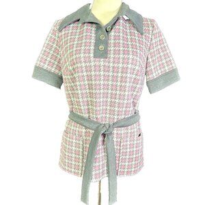 Vintage Union Mod 70s Top Shirt Women's Pink & Gray Houndstooth Collar